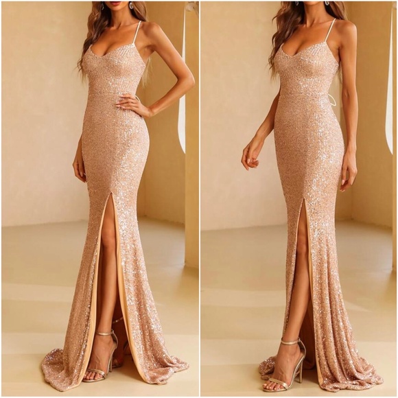 Luxe sequins slit thigh formal party evening wedding prom Lace up dress - Picture 3 of 3